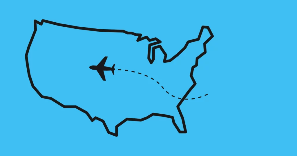 icone d'une carte des usa avec un avion pour matérialiser un voyage aux usa et les problèmes internet que l'on peut rencontrer.