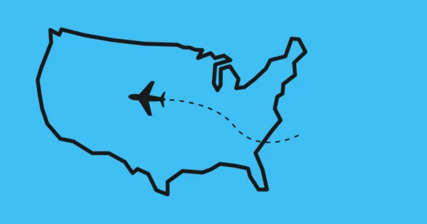 icone d'une carte des usa avec un avion pour matérialiser un voyage aux usa et les problèmes internet que l'on peut rencontrer.