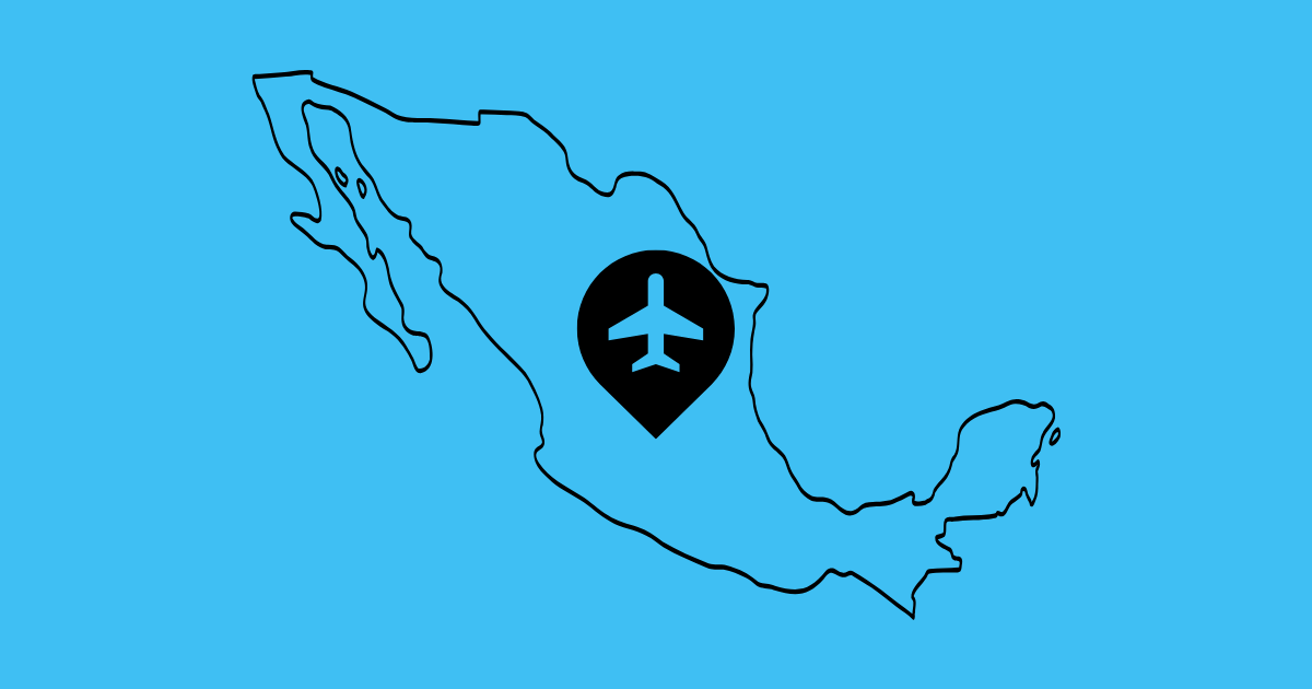 contour du mexique avec icone d'un avion pour illustrer un voyage au mexique en restant connecté